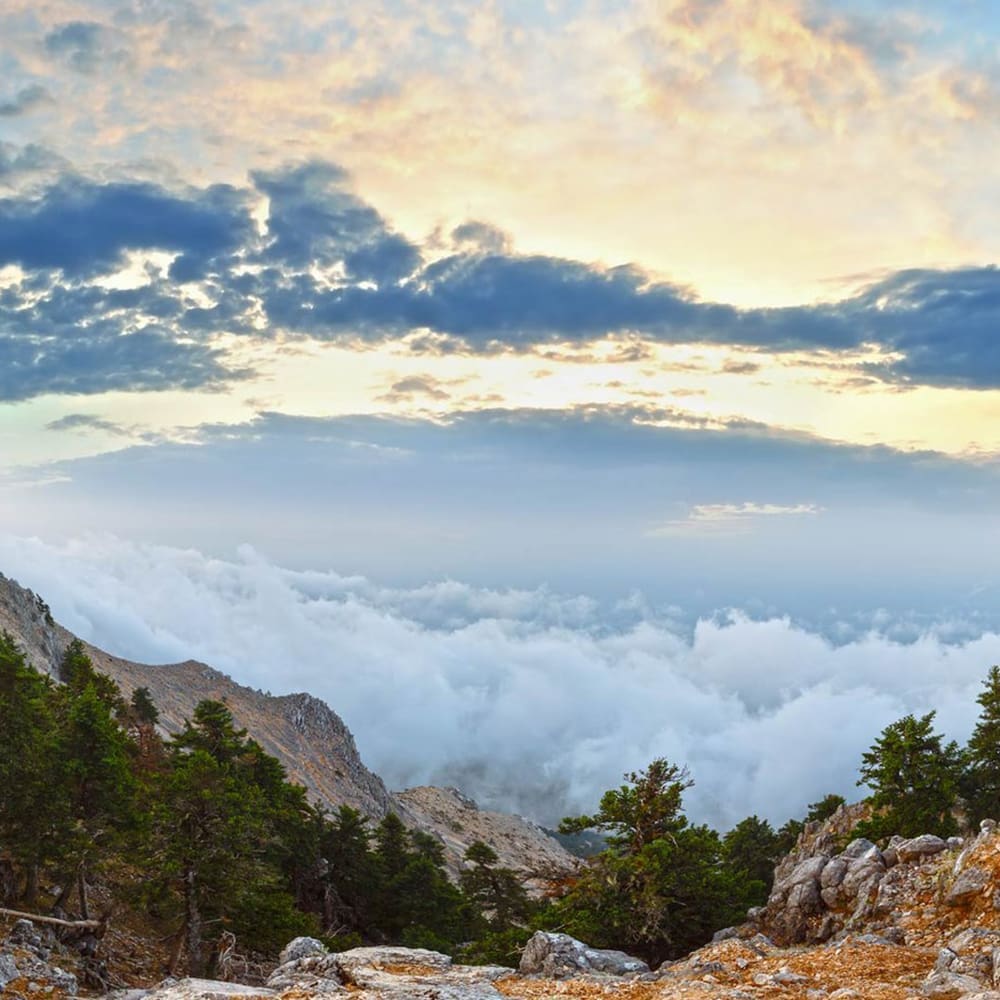 Hiking trails in Kefalonia Greece with mountain views above the clouds